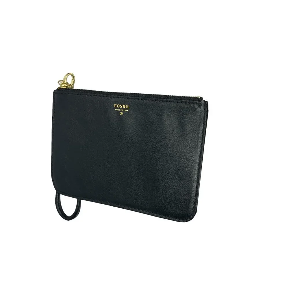 Fossil Black Cow Hide Leather Zip Top Wristlet‎ Strap Wallet Pouch 6.5